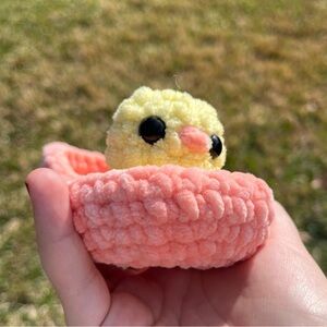 Handmade Plush Chick Pop Toy in Coral Easter Egg